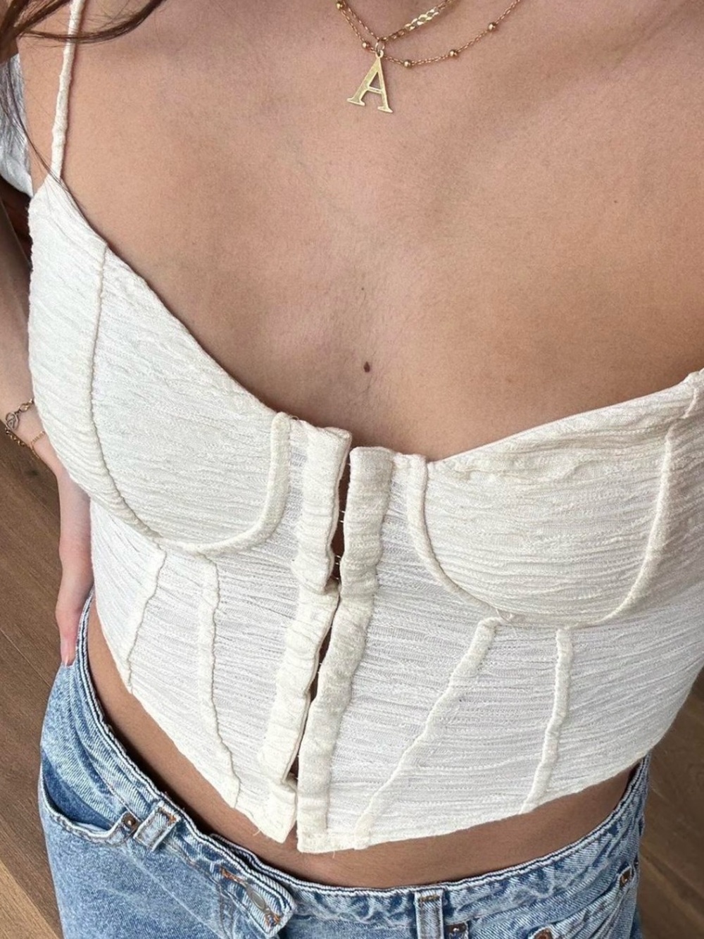 Bershka Cream Textured Corset Crop Top